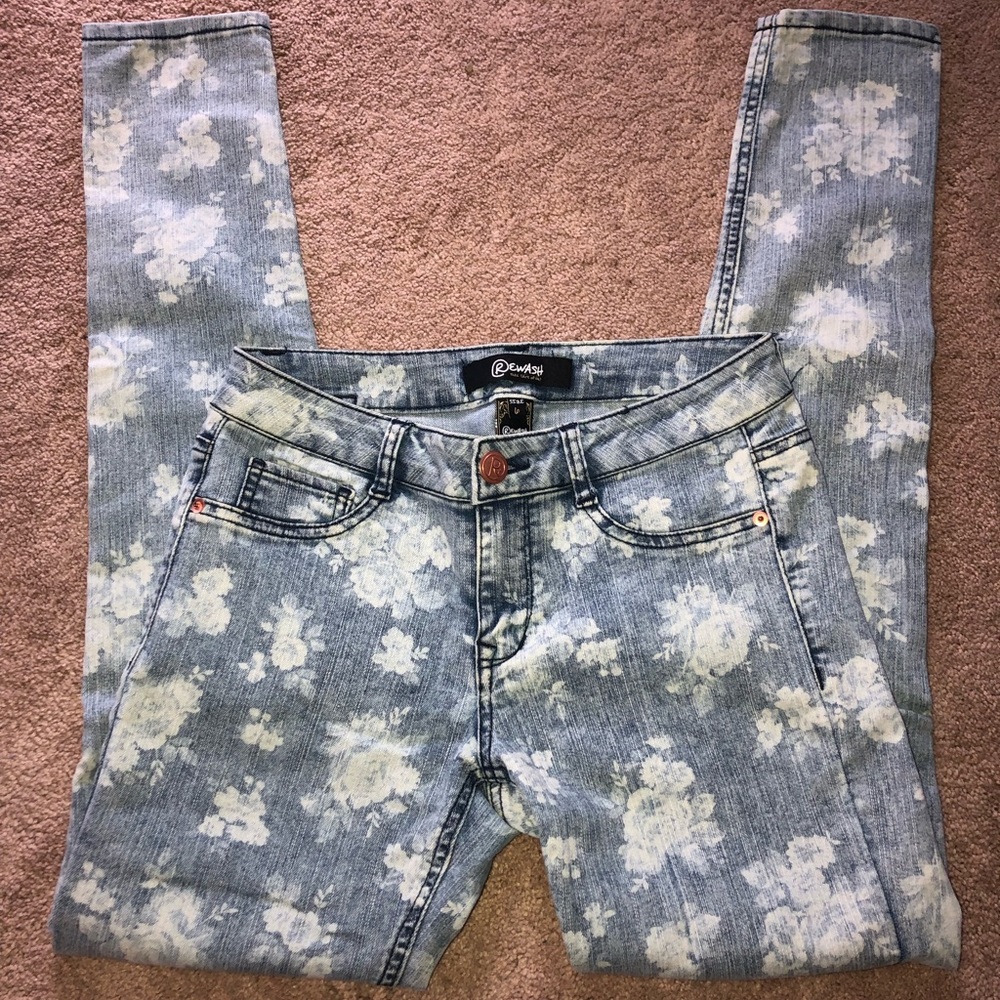 White floral print blue jeans